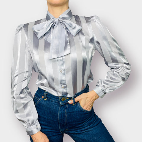 80s Cristina’s Silver Blouse with Optional Secretary Tie