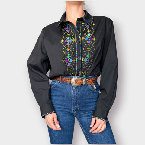 00s Bob Mackie Black Diamond Embroidered Shirt Size XL