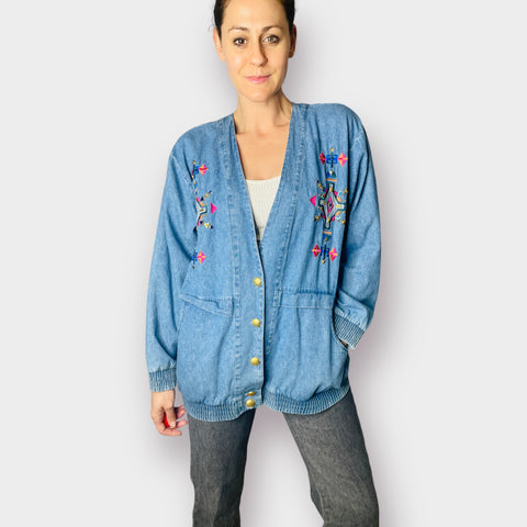 80s Saint Germain Paris Chambray Denim Jeweled and Embroidered Jacket
