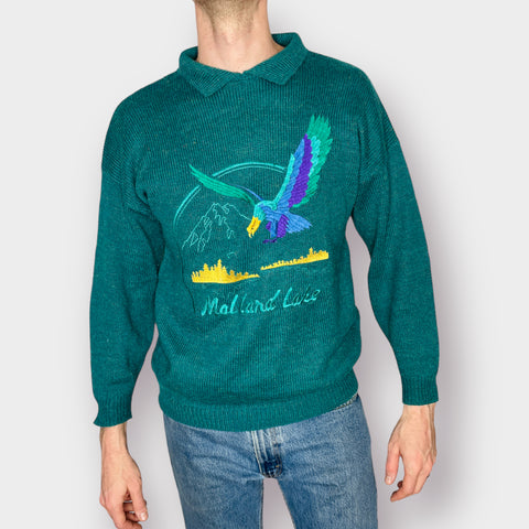 80s Knit Works Teal Lake Mallard Collared Sweater