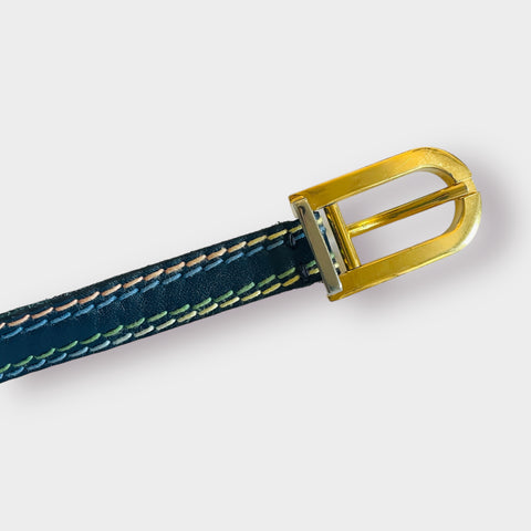 80s Morris Moskowitz Navy Leather Belt with Pastel Stitching