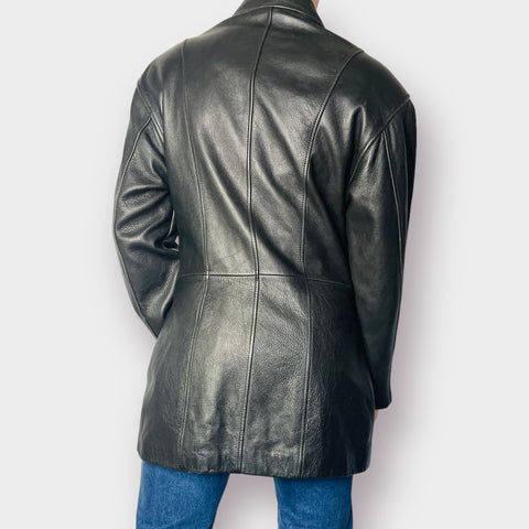 90s Luciano Black Leather Pea Coat