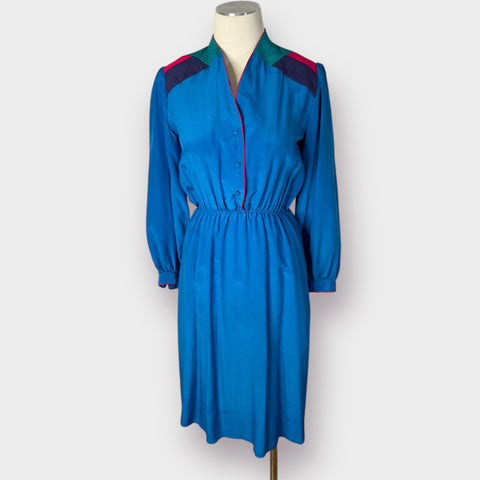 80s Argenti Blue silk dress w/ teal navy pink Size XS