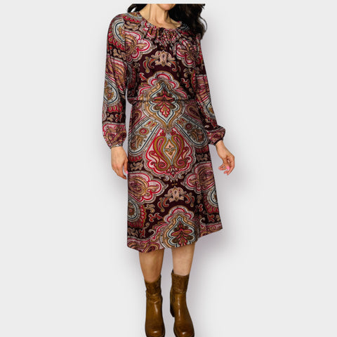 70s Umba for Parnes Feinstein Burgundy Brown Paisley Midi Dress