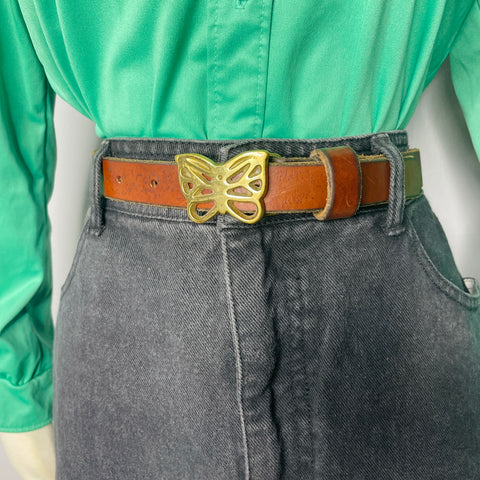 90s Solid Brass Butterfly Buckle Brown Leather Belt