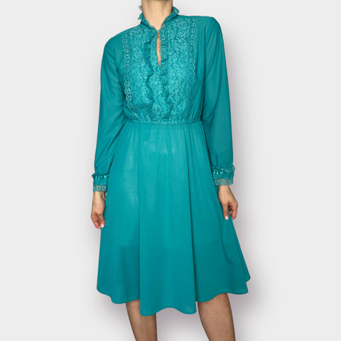 80s Jane Baar Teal Day Dress with Lace Trim