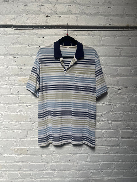 90s Navy Green Striped Polo Size L