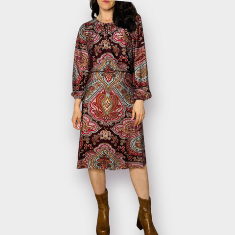 70s Umba for Parnes Feinstein Burgundy Brown Paisley Midi Dress