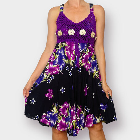 Purple Black Floral Crochet Top Dress