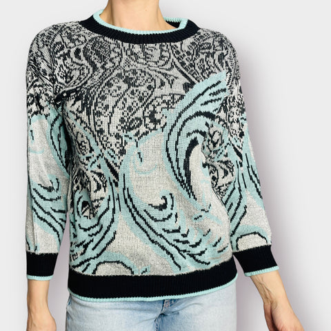 80s Teal and Black Sweater w/ Metallic Thread