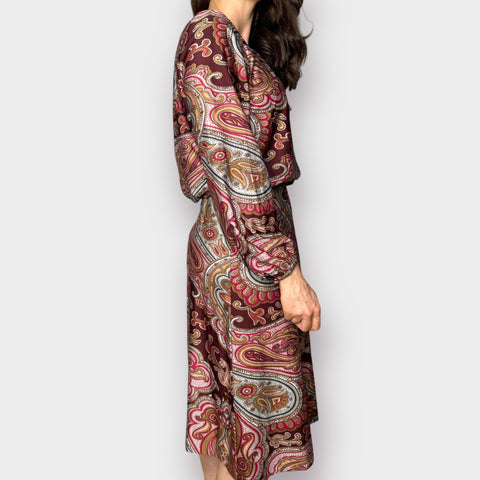 70s Umba for Parnes Feinstein Burgundy Brown Paisley Midi Dress