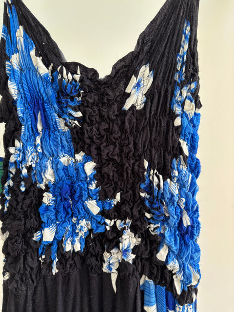00s Black Blue Tropical Floral Sundress Size S