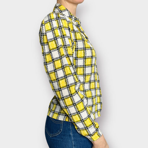 80s Notches Yellow and Black Checkered Button Front Blouse