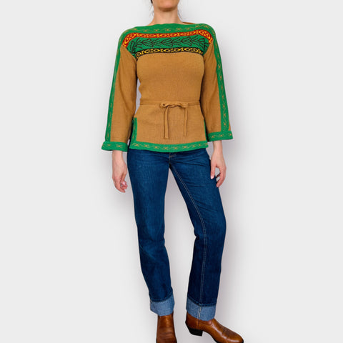 70s Tan Green Tunic Sweater Size M
