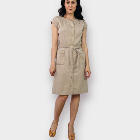 70s Tan Button Front Dress with Tie Belt