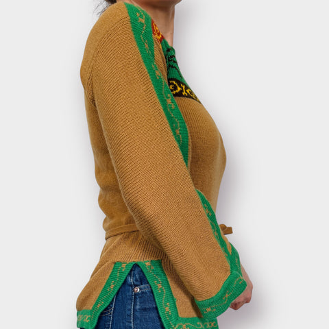 70s Tan Green Tunic Sweater Size M