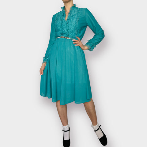 80s Jane Baar Teal Day Dress with Lace Trim