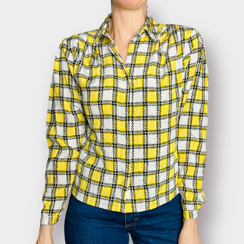 80s Notches Yellow and Black Checkered Button Front Blouse