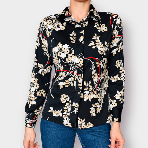 70s Lori-Lynne Black Tan Floral Blouse Size M