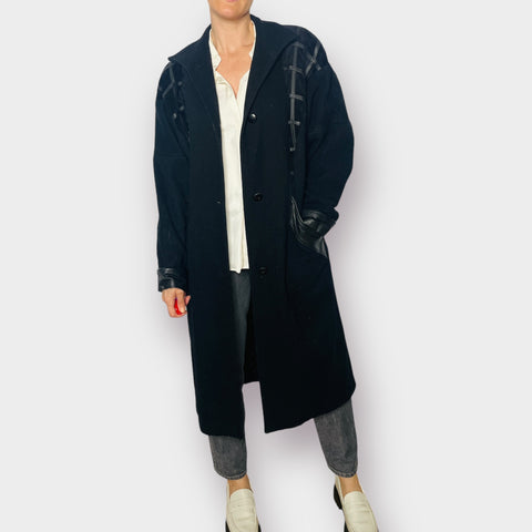 80s Black Wool and Leather Overcoat