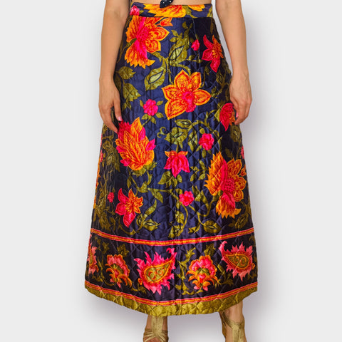 70s Quilted Colorful Floral Maxi Skirt