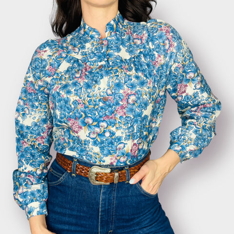70s Pykettes Blue and Purple Floral Blouse