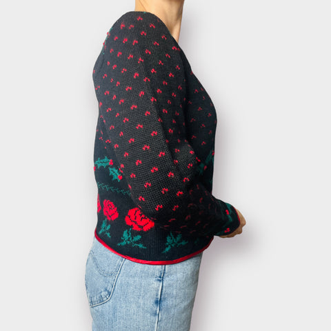 80s Components Black Red Rose and Holly Holiday Sweater