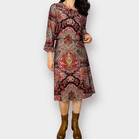 70s Umba for Parnes Feinstein Burgundy Brown Paisley Midi Dress