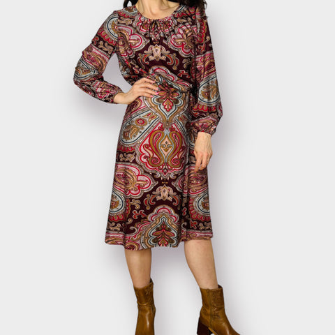 70s Umba for Parnes Feinstein Burgundy Brown Paisley Midi Dress