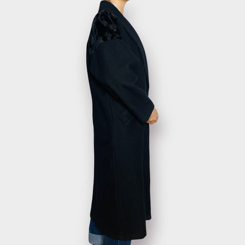 80s Maggie Lawrence Black Wool Coat with Velvet Shoulder Detail