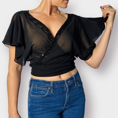 90s Black Sheer Beaded Wrap Crop Size M