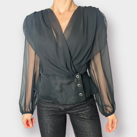 80s Patra Black Sheer Sleeve Dramatic Blouse