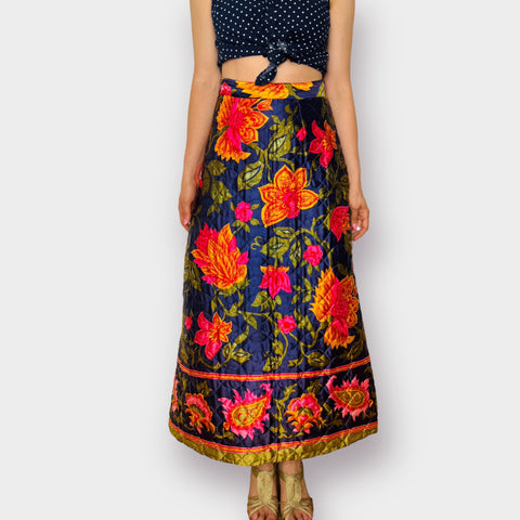 70s Quilted Colorful Floral Maxi Skirt