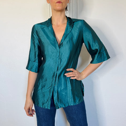 Y2K Teal Silk Blouse Size S