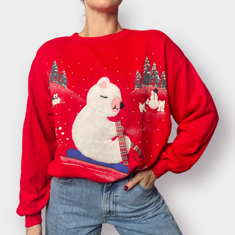 80s Polar Bear Sledding Holiday Scene Sweatshirt