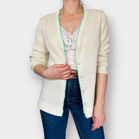 70s Cream Cardigan with Teal Trim Size L