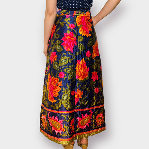 70s Quilted Colorful Floral Maxi Skirt