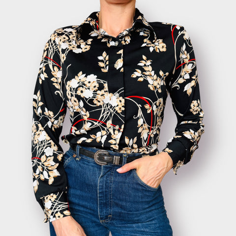 70s Lori-Lynne Black Tan Floral Blouse Size M