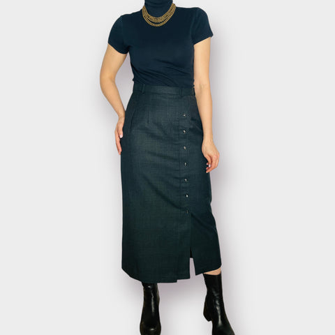 90s Green Plaid Wool Straight Maxi Skirt