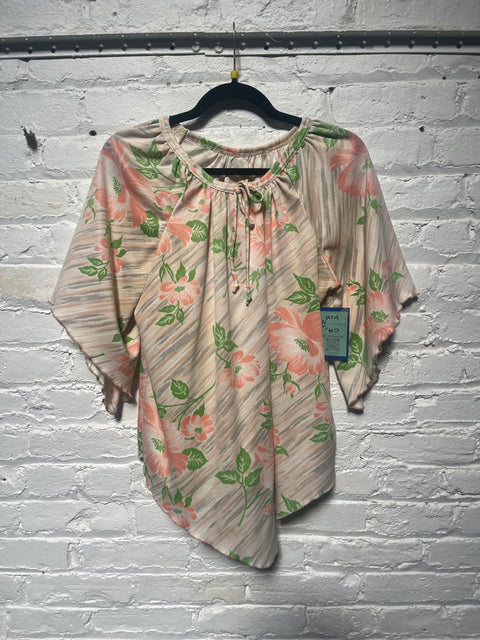 70s Cream Peach Flutter Sleeve Blouse Size M