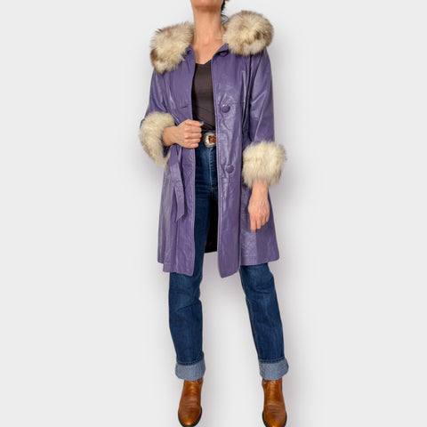 70s Bernie's Fashions Purple Leather Fur Trimmed Coat Size M