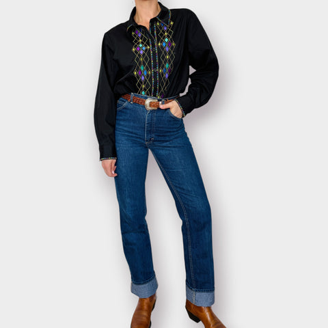 00s Bob Mackie Black Diamond Embroidered Shirt Size XL
