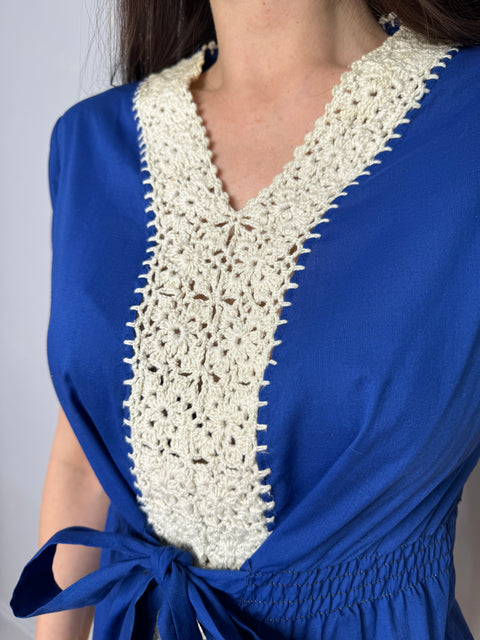 70s Blue Top with Crochet Trim
