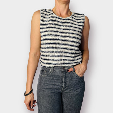 90s Croft & Barrow Navy Cream Woven Sleeveless Top Size M