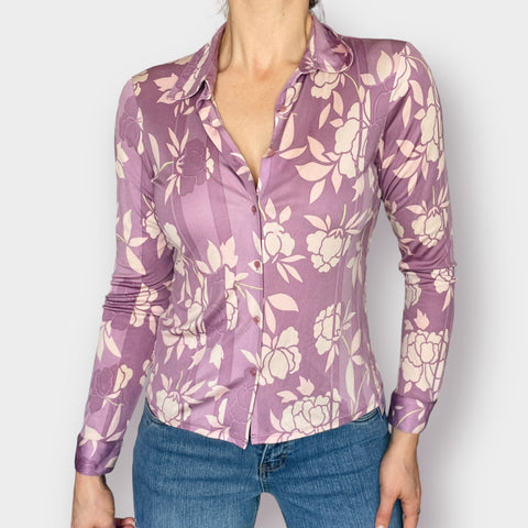 Y2K The Limited Purple Floral Silk Button Front