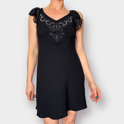 90s S.L. Fashions Black Flutter Sleeve Beaded Front Dress Size 4P