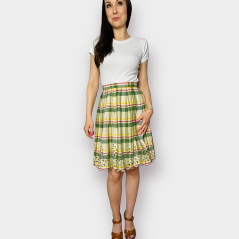 70s Green Yellow Plaid Skirt with Cut-Out Edges