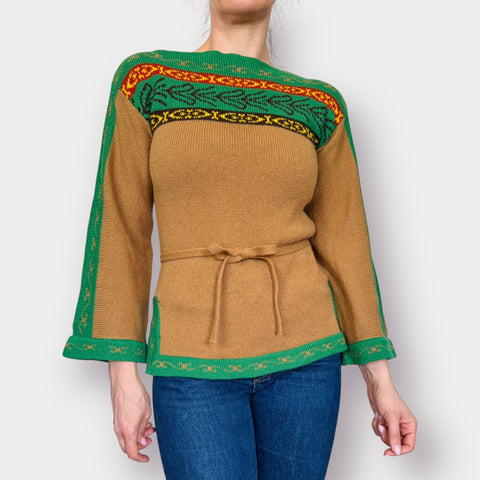 70s Tan Green Tunic Sweater Size M