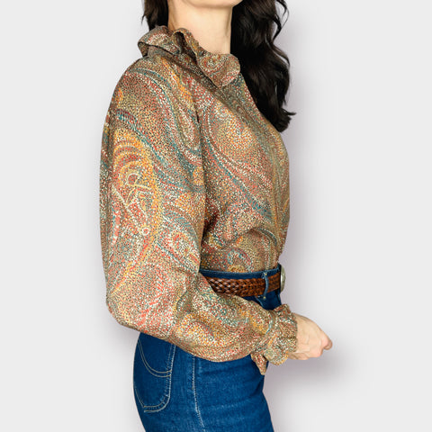 70s Evan Picone Tan and Neutrals Paisley Ruffle Collar Blouse