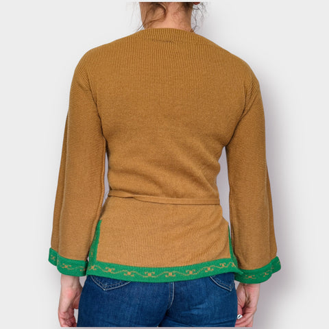70s Tan Green Tunic Sweater Size M